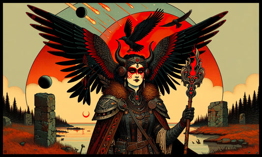 Day's End, Modernism, Art Nouveau, Surrealism, Esoteric, Symbolism, Woman, Fire, Wings, Water, Moon, Sunset, Crows