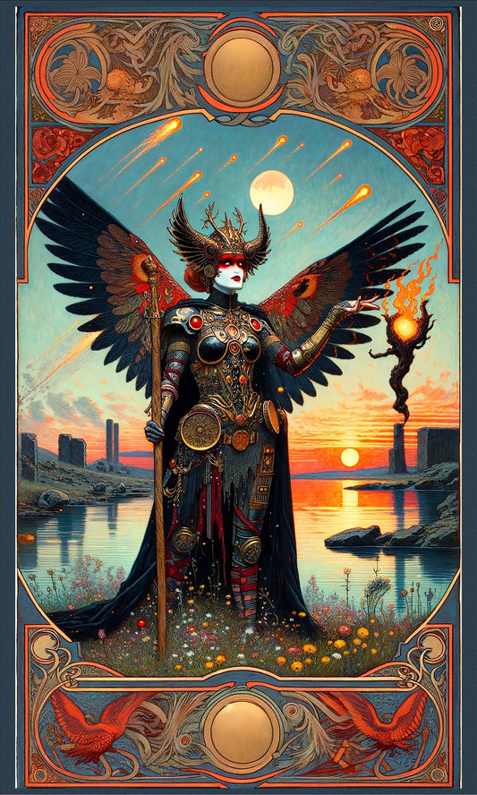 Magician, Tarot, Oracle Card, Art Nouveau, Esoteric, Symbolism, Woman, Fire, Wings, Water, Moon, Sunset