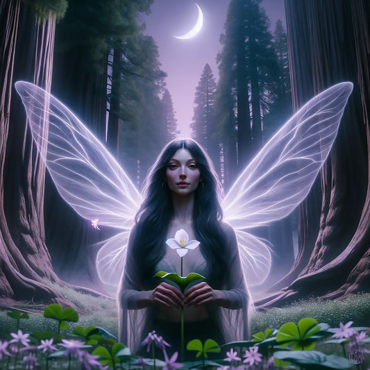 Trillium Delight, Fairy, Fae, Flower, Redwood Trees, Night, Crescent Moon, Lavender, Magical, Enchanted, Clovers